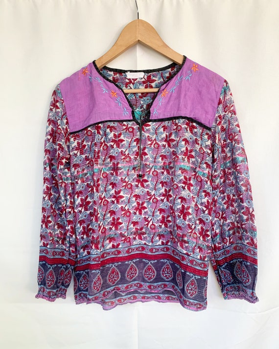 Vintage Indian Cotton Gauze Lurex Blouse , Gauze T