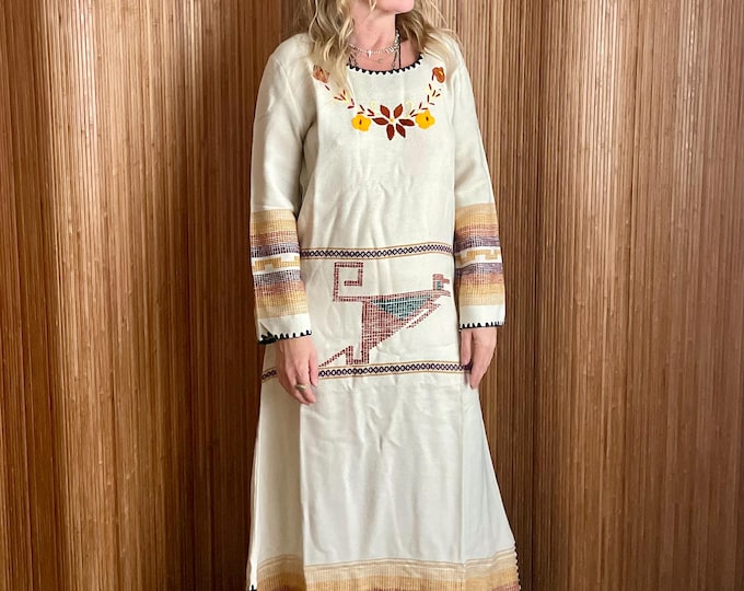 Vintage Ethnic Hand-Loomed Embroidered Kaftan - Bohemian Folk Art Maxi Dress
