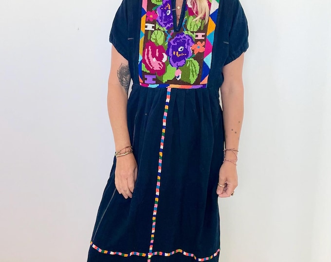 Vintage Guatemalan Hand Loomed Indigo Dress , Embroidered Huipil Dress , Ethnic Caftan , Tapestry Dress Maxi Dress , Guatemalan Dress