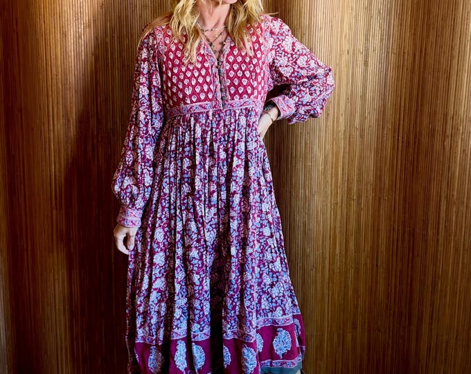 Vintage Mayur Indian Block Print  Dress - IQuilted Cotton Boho Midi