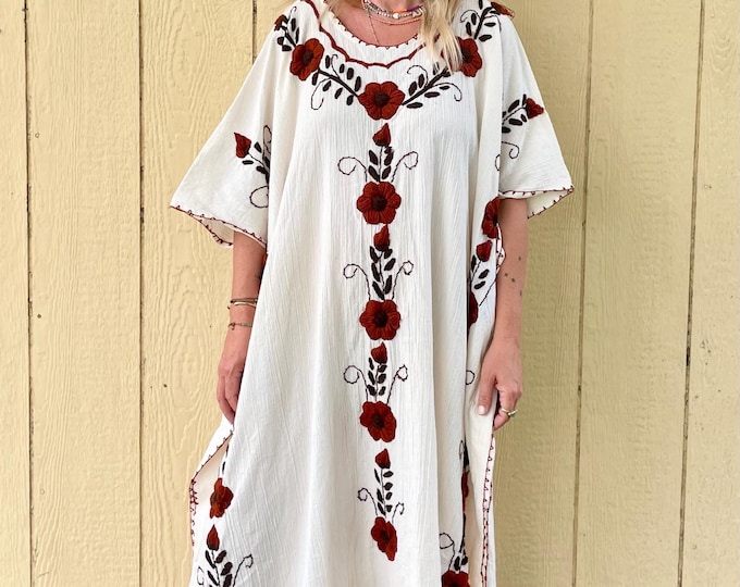 Vintage Mexican Hand Embroidered Cotton Gauze Kaftan- Cotton Gauze Embroidered Kaftan , Mexican Floral ,Bohemian Beach Kaftan
