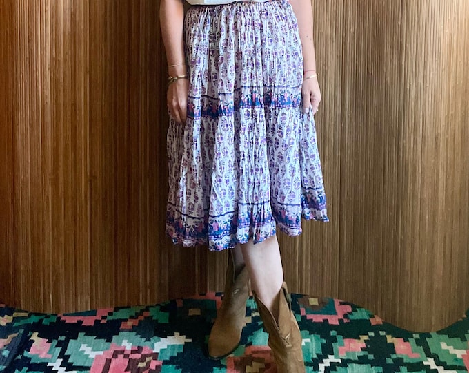 Vintage ADINI Indian Cotton Gauze  Skirt - Boho Floral Block Print Midi