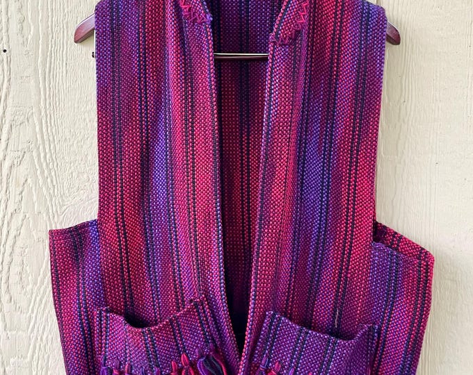 Vintage Fiber Arts Vest , Hand Loomed Textile Vest  , Mew Zealand New Wool Vest , Ombre Bohemian Fringed Vest , Blanket Wool Vest