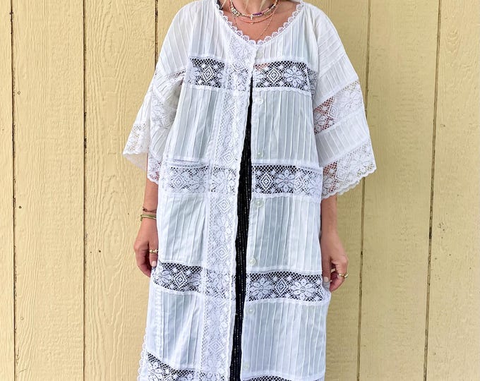 vintage Lace Trim Mexican Cotton Dress ,  Natural Cotton Maxi Kaftan , Mexican Duster