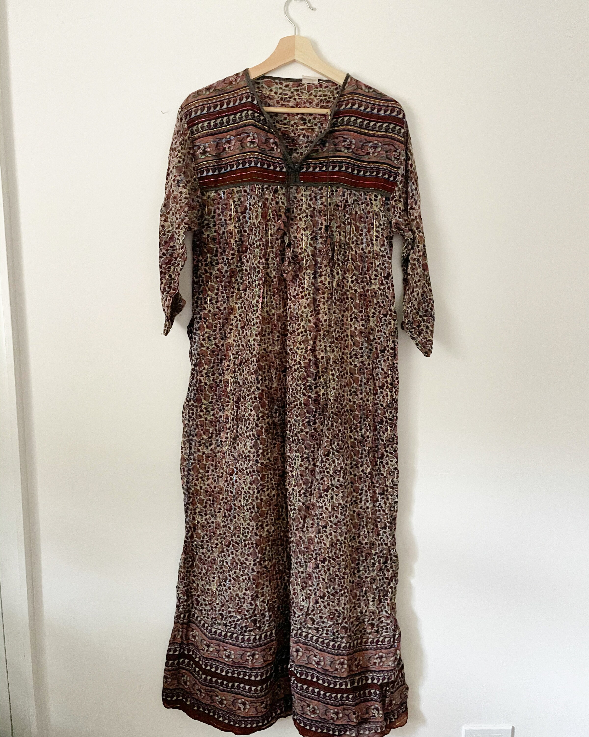 Vintage India Cotton Gauze Dress , Indian Cotton Kaftan , Lurex Gauze