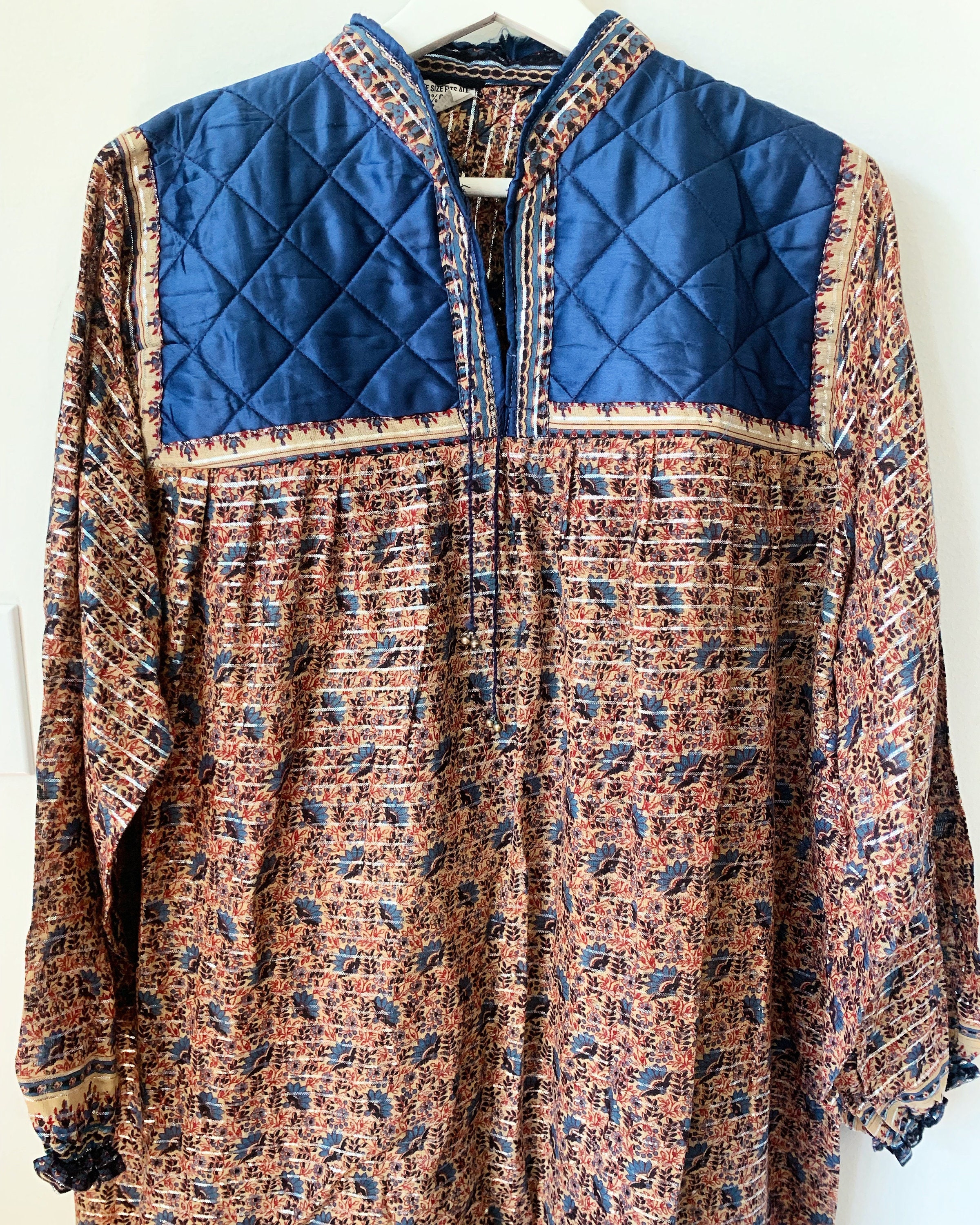 Vintage 70s India Cotton Gauze Dress , Block Print Maxi Dress , Indian Lurex Kaftan , Indian