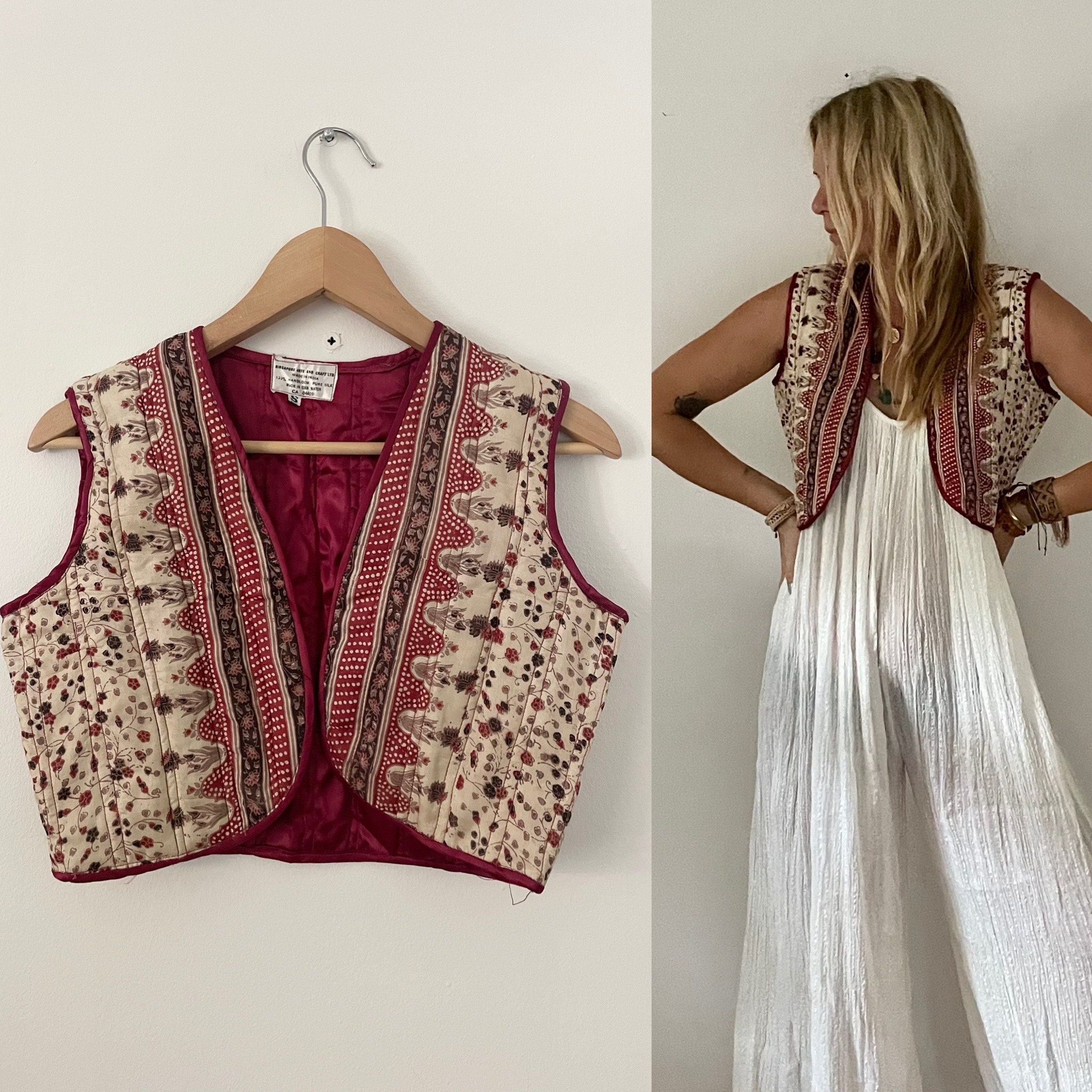Vintage Indian Silk Block Print Vest , Indian Vest , Block Print Vest