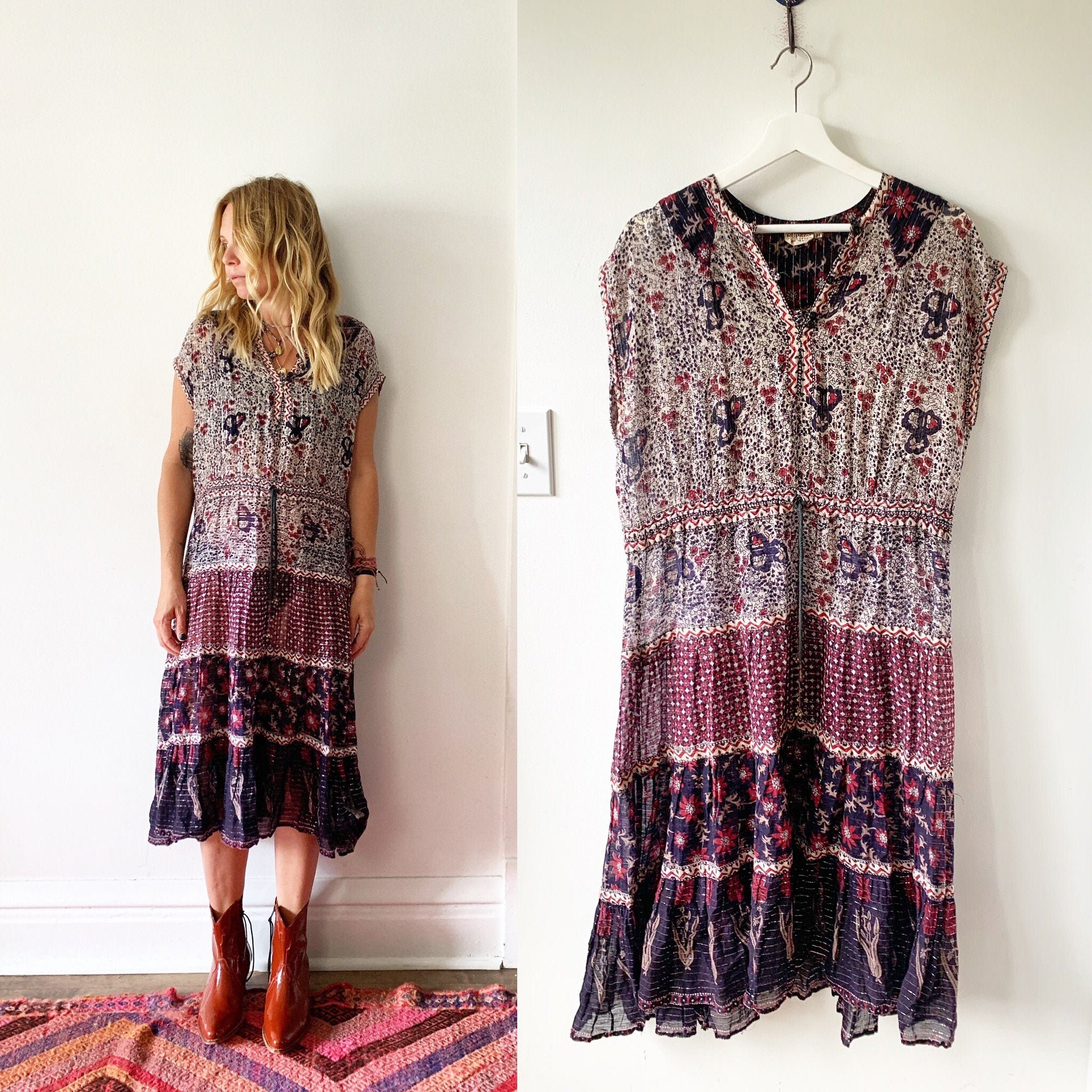 Vintage 70s Cotton Gauze Dress , BOHO Hippie India Dress ,Lurex Gauze Dress