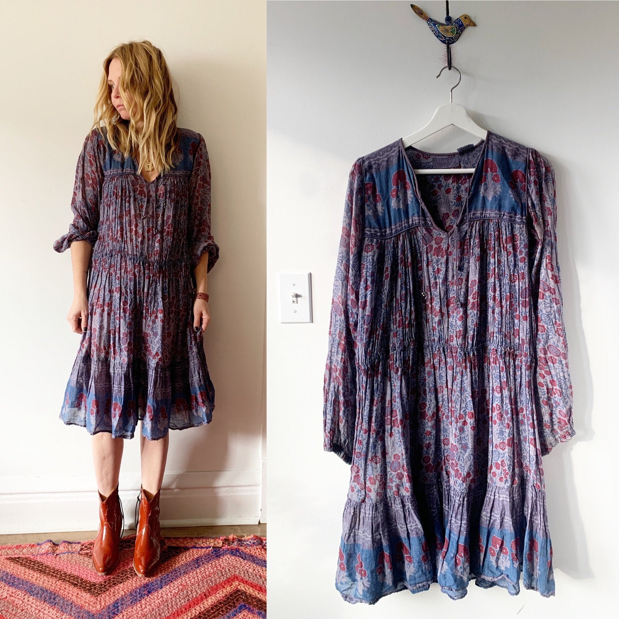 Vintage 70s Indian Cotton Gauze Dress , India Gauze Dress , Block Print