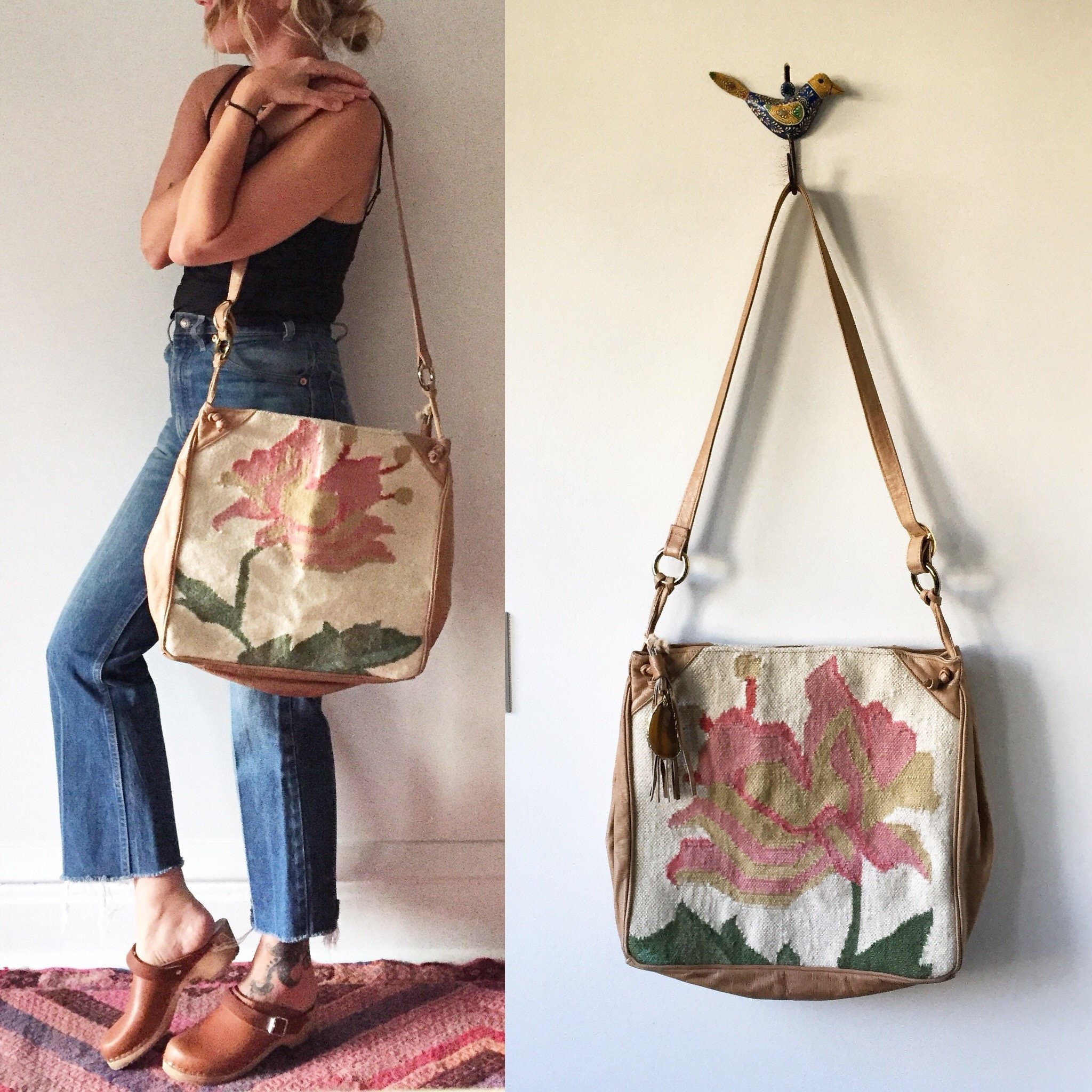 Vintage Turkish Kilim Bag, Ethnic Carpet Purse, Oversize Kilim Purse