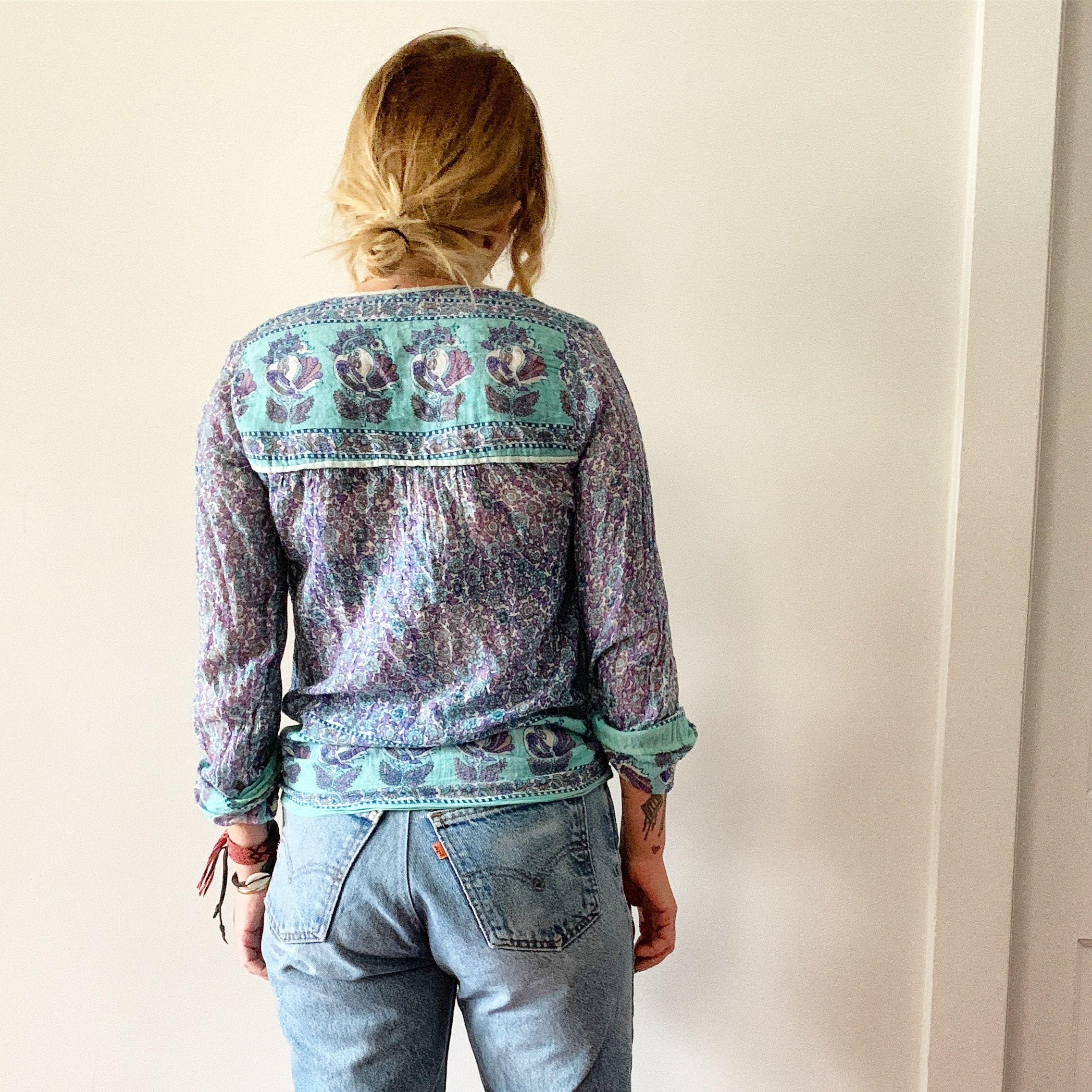 Vintage Indian Cotton Gauze Blouse , Gauze Top , Block Print India Blouse