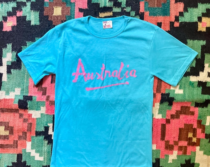 Vintage 1970s Australia Script T-Shirt | Aqua Blue Pink Graphic Tee Soft Single Stitch Retro Tourist Tee