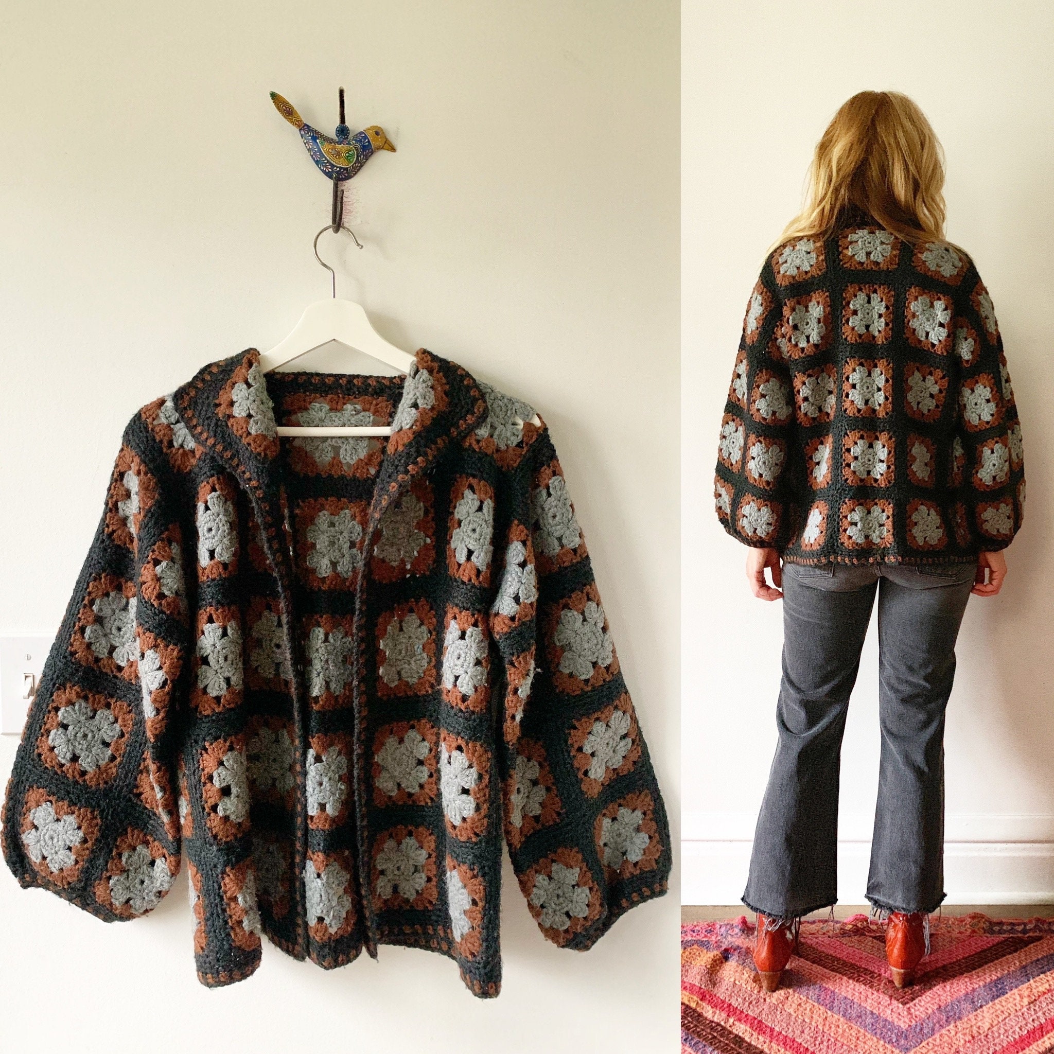 Vintage Afghan Crochet Cardigan , Granny Square Sweater