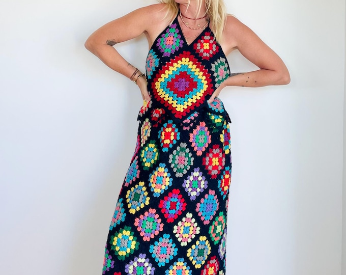 Vintage Patchwork Crochet Skirt and Top Set, Rainbow Crochet Maxi Set, Knit Afghan 70s Set, Granny Square Skirt Top