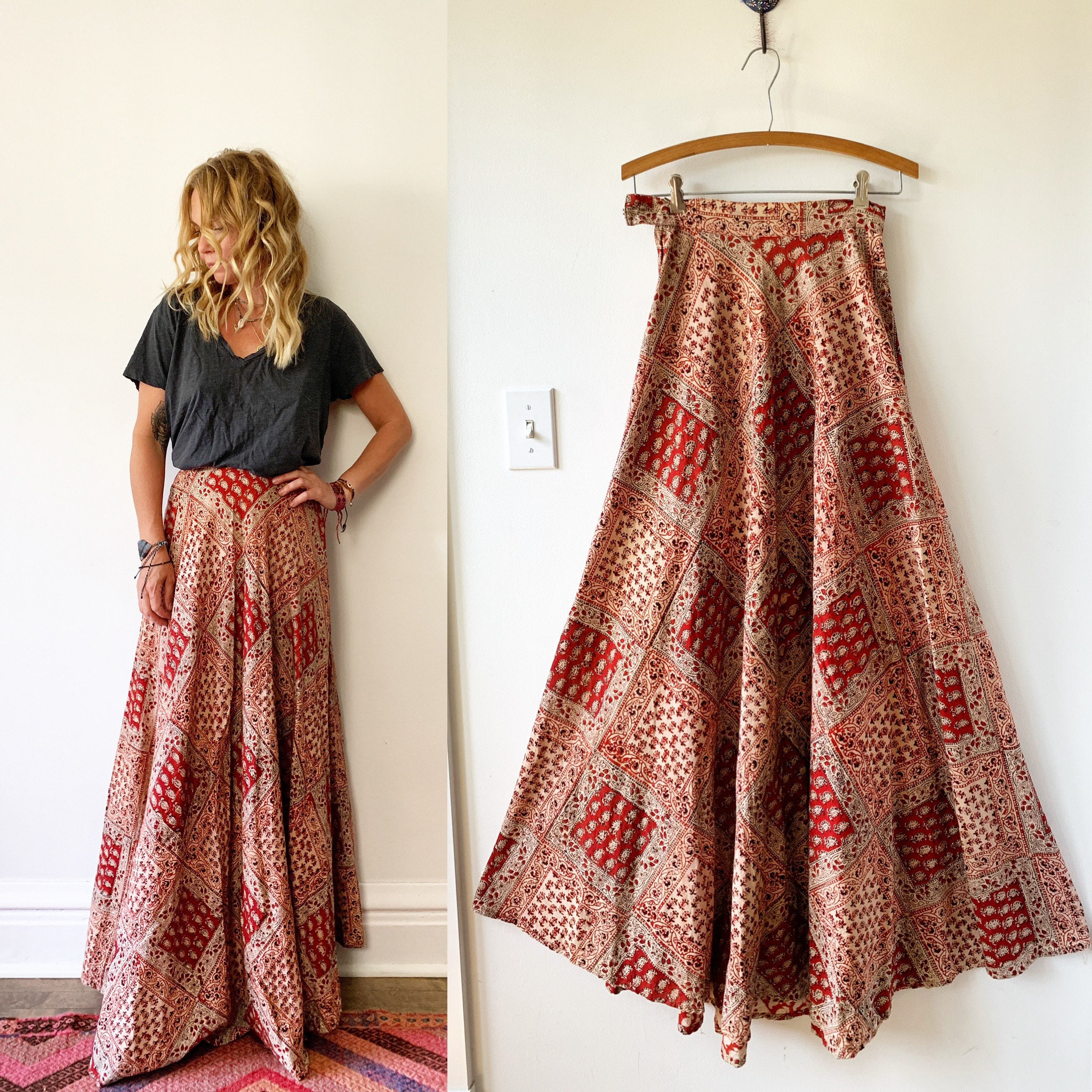 Vintage India Block Print Maxi Skirt , Star of India Skirt , Indian