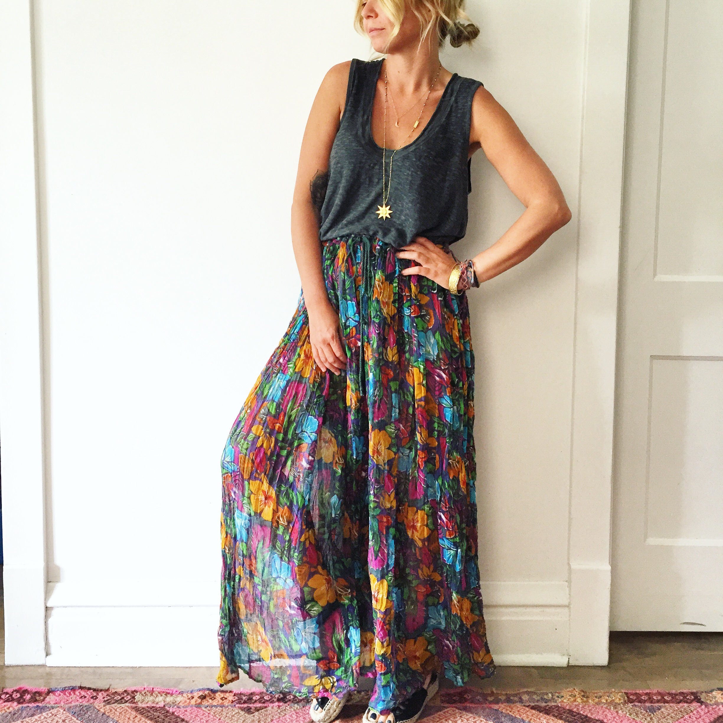 Vintage India Cotton Gauze Palazzo Pants , Floral Wide Leg Pants