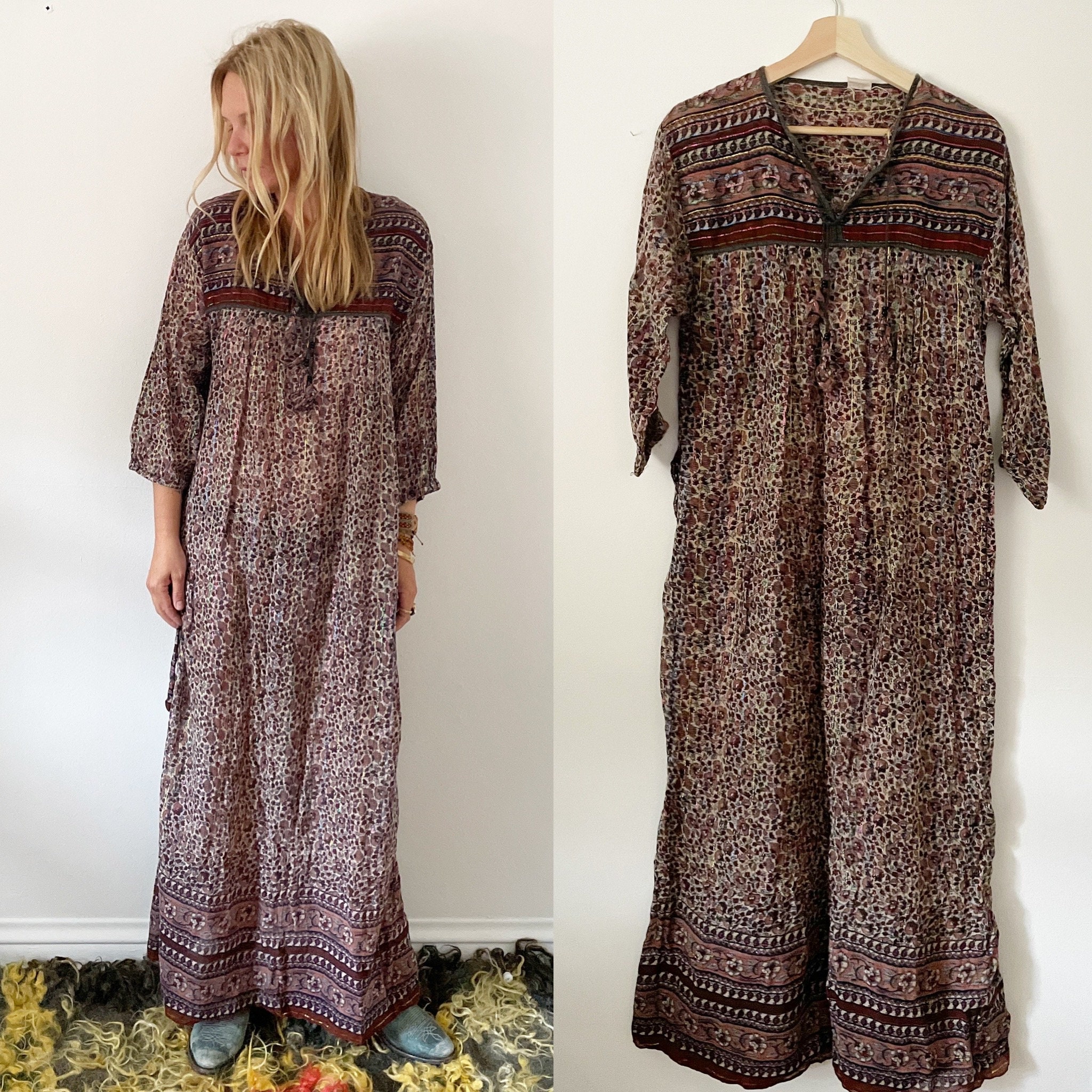 Vintage India Cotton Gauze Dress , Indian Cotton Kaftan , Lurex Gauze