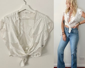 Vintage Bali Lace Blouse , Cutout BOHO TOP , Bali Crochet Croo Top, Tie Front Top, Layering Top