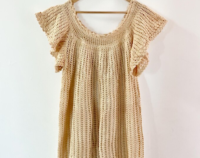 Vintage 70 Cotton Crochet Midi Dress , Vintage Cream Cotton Hand Crochet Dress , Bohemian Crochet Dress