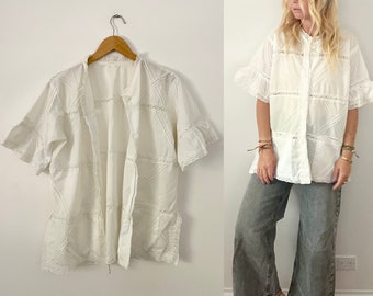 Vintage 70s Mexican Lace Trim Shirt, White Mexican Pin tuck Beach Cover , White Mexican Top