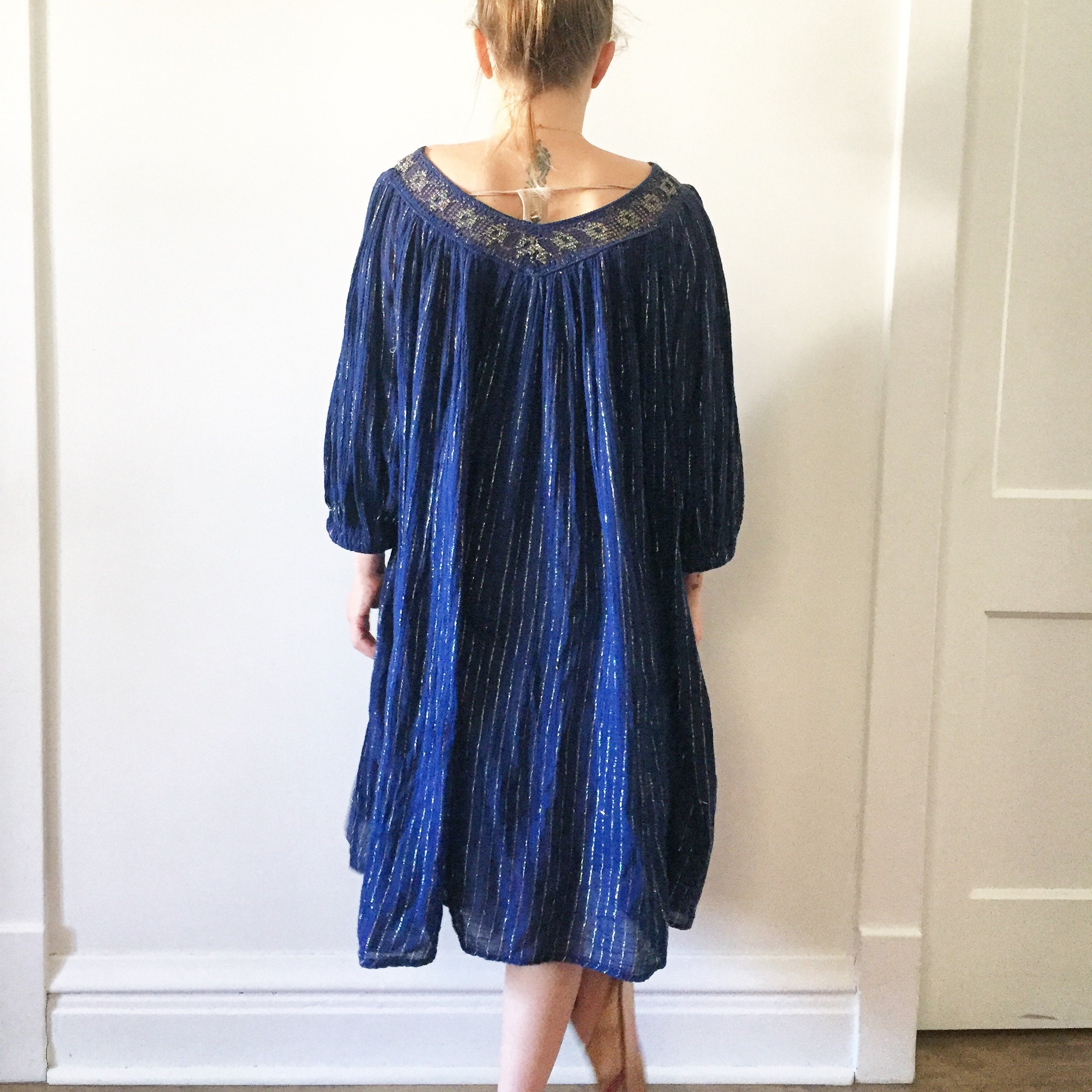 Vintage Cotton Gauze Grecian Dress , Cotton Gauze Lurex Dress