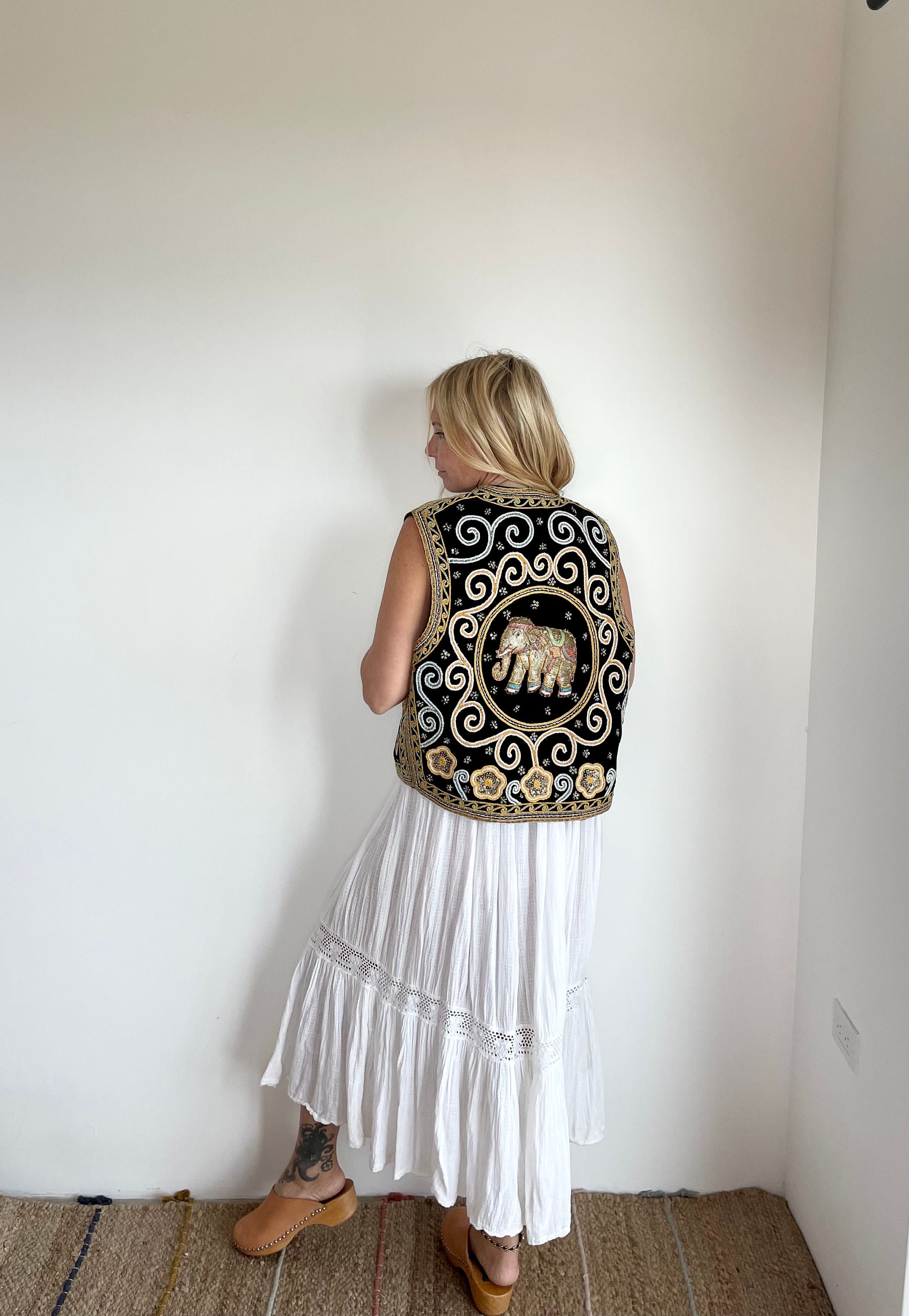 Vintage Ethnic Elephant Vest , Velvet Embroidered Vest , Elephant Waistcoat