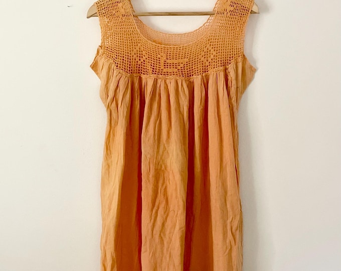 Vintage Mexican Gauze Dress, Ethnic Cotton Dress, Crochet Cotton Dress  Mexican Sun Dress , Cotton Crochet Midi Dress
