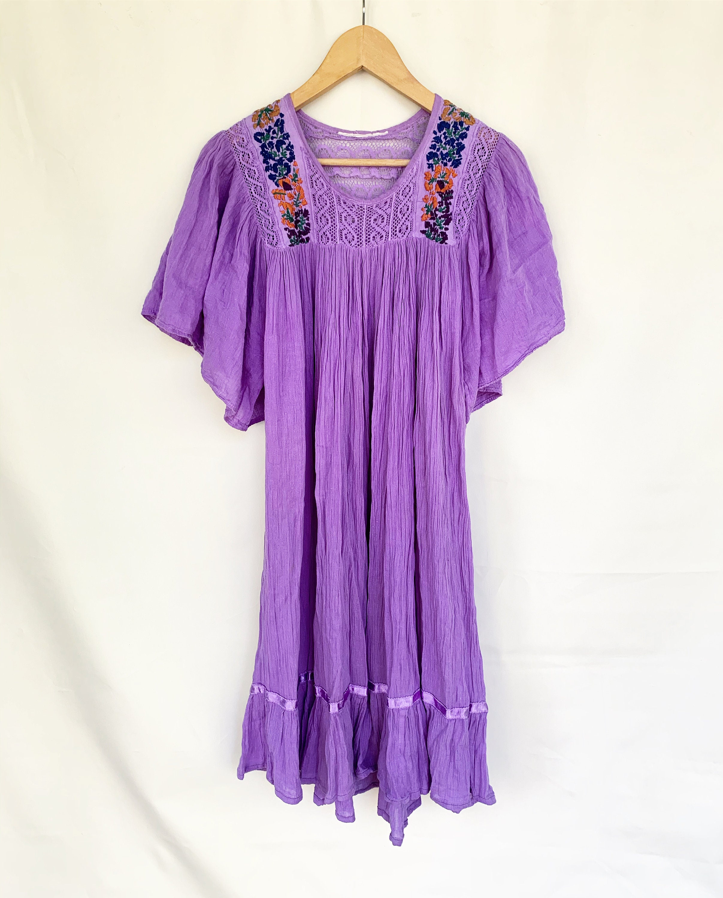 Vintage Mexican Gauze Dress, Ethnic Lace Dress , Balloon Sleeve Dress