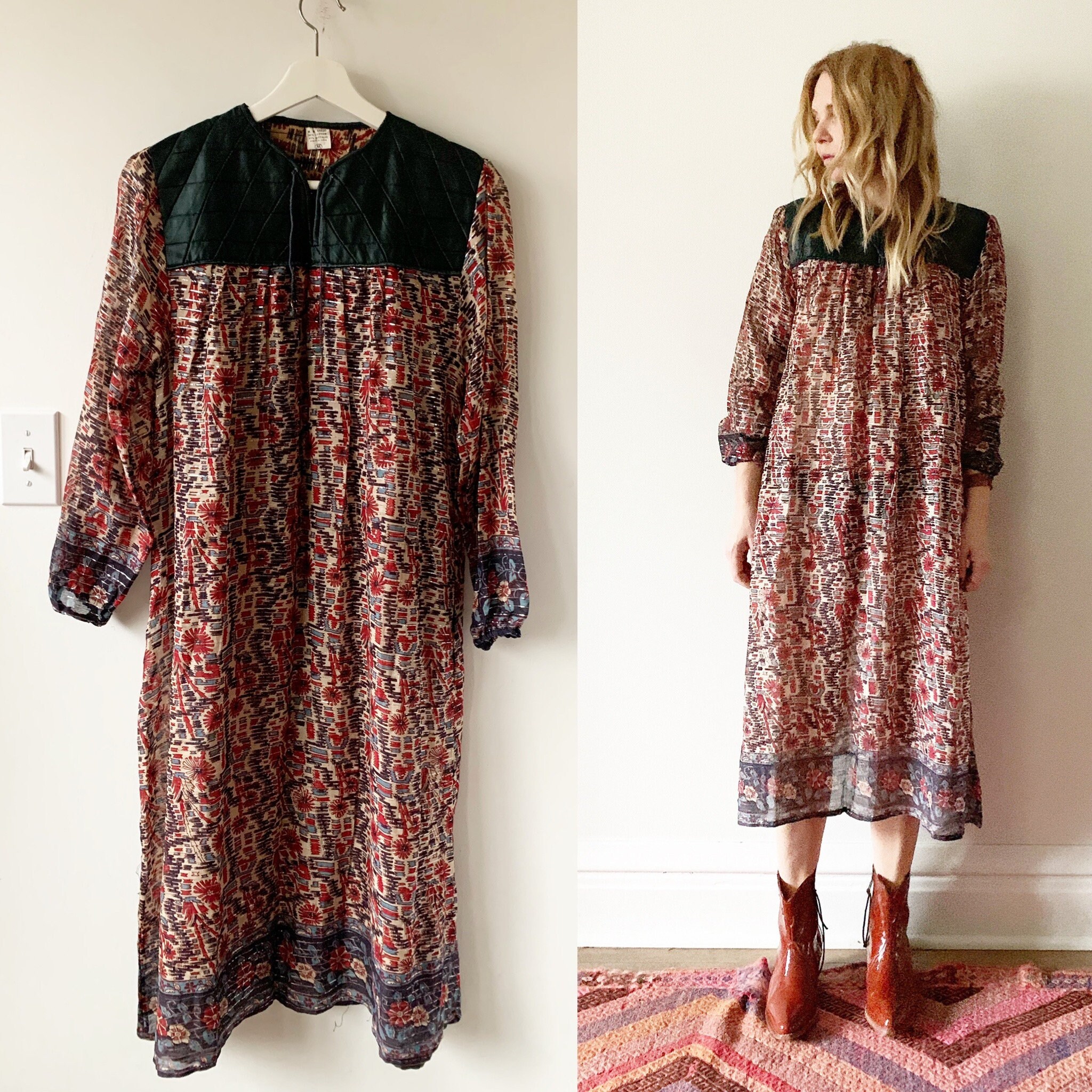 Vintage 70s India Cotton Gauze Dress , Block Print Maxi Dress , Indian Lurex Kaftan , Indian