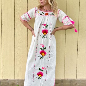 Vintage Mexican Hand Embroidered Dress , Oaxacan Floral Embroidered Dress , 60s Mexican Maxi Dress