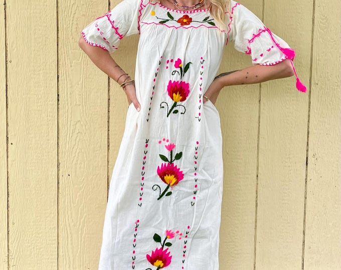 Vintage Mexican Hand Embroidered Dress , Oaxacan Floral Embroidered Dress , 60s Mexican Maxi Dress