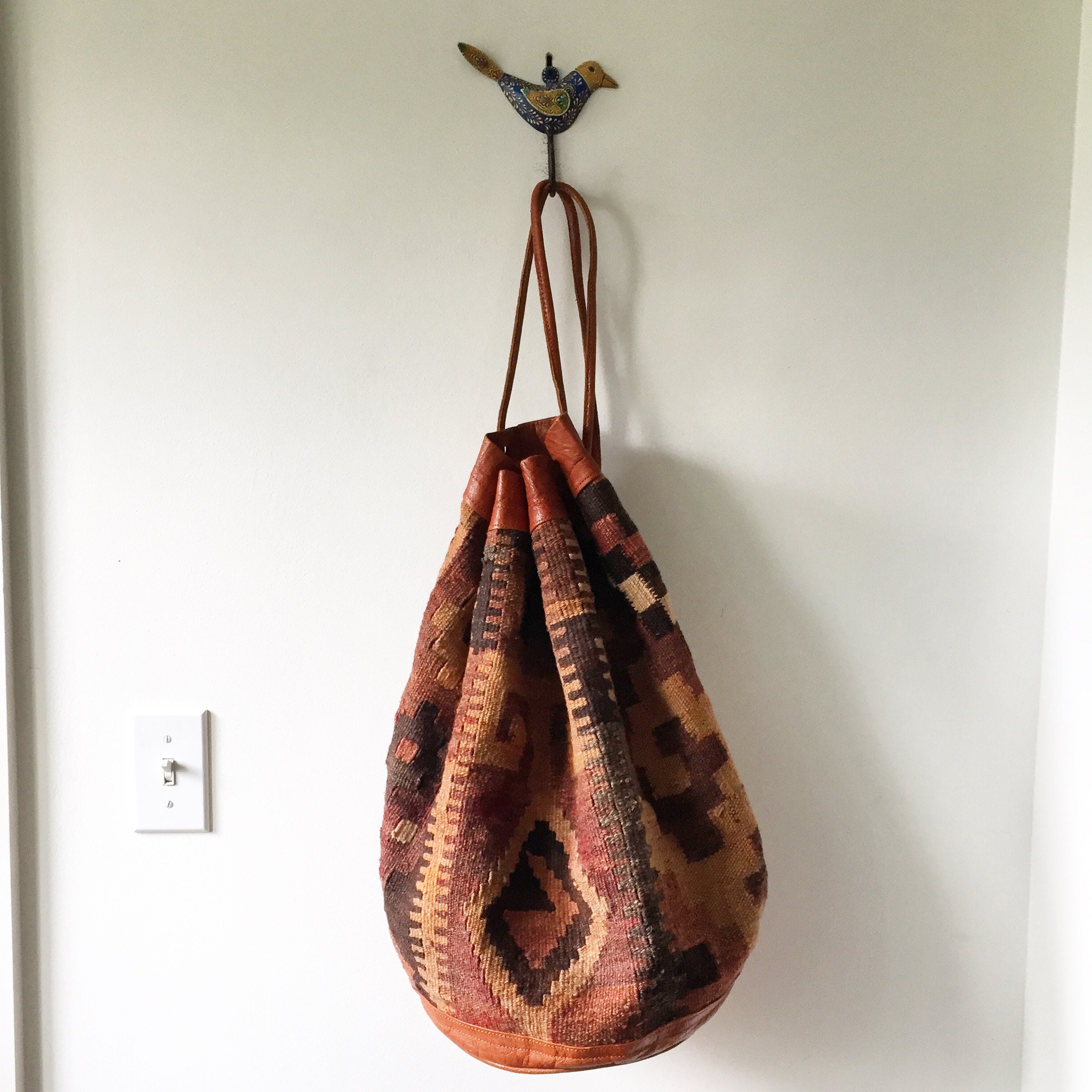 Vintage Oversize Turkish Kilim Bag, Carpet Textile Backpack , Bucket