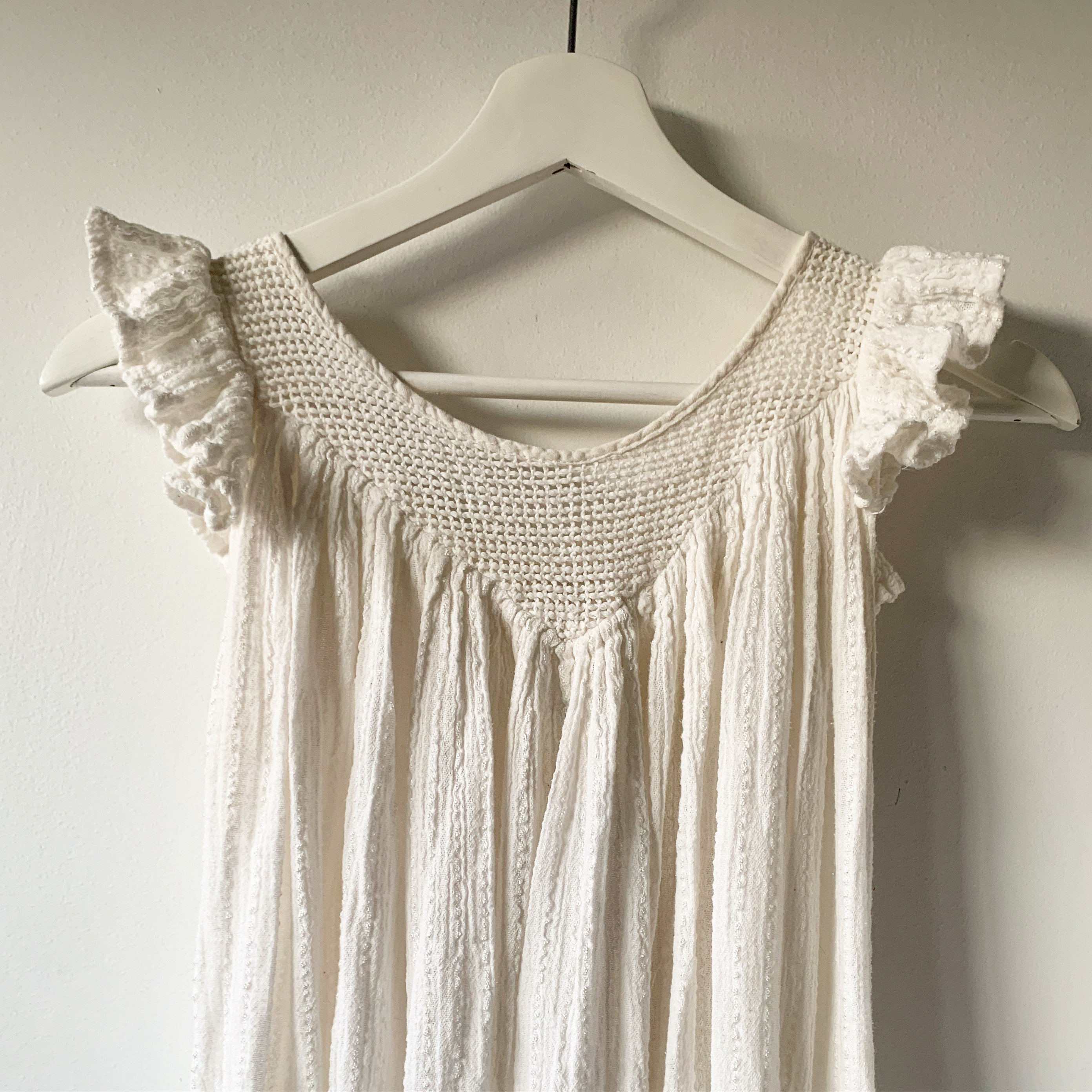 Vintage White Cotton Gauze Dress , White Boho Crochet Dress , Gauze