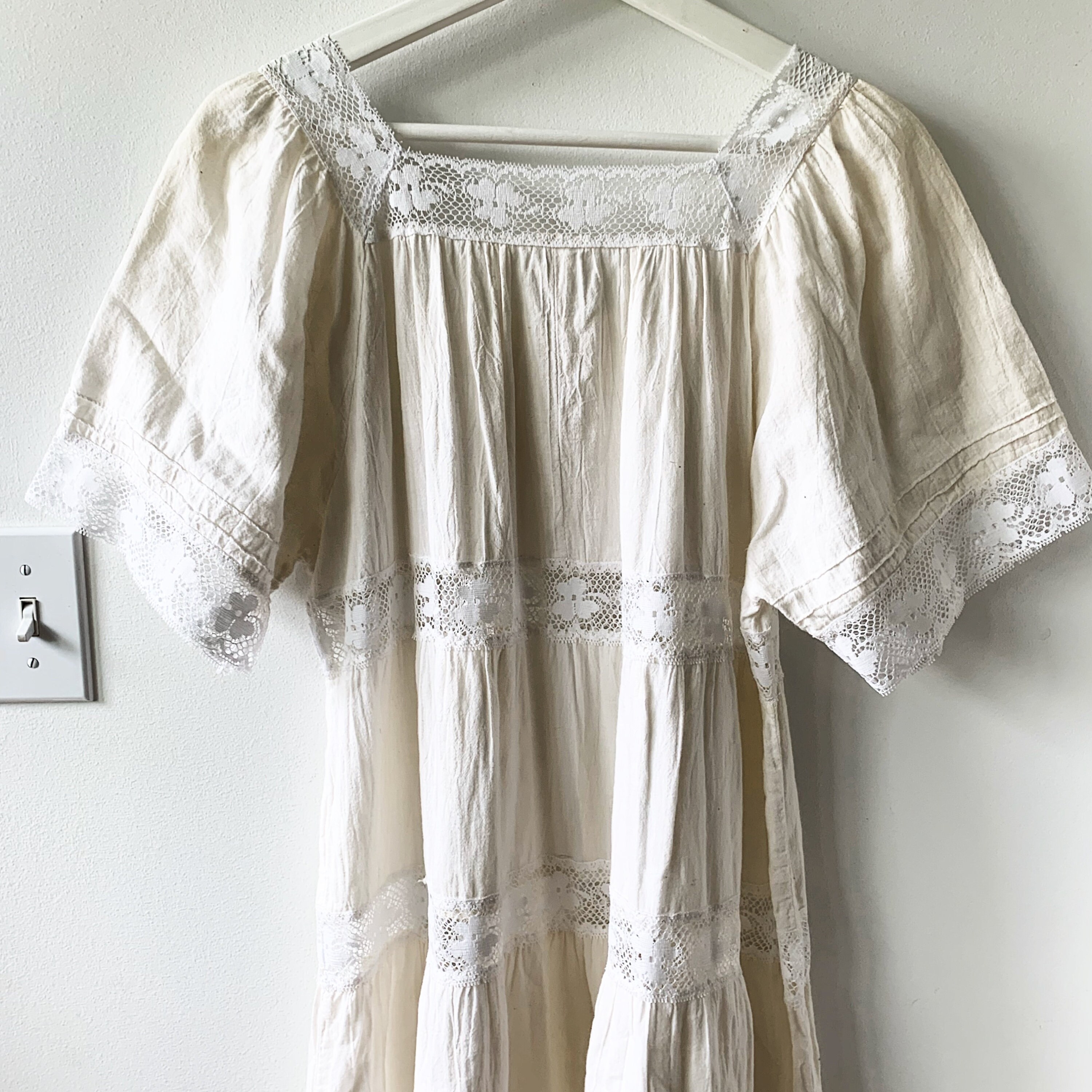 Vintage Lace Trim Cotton Kaftan, Natural Cotton Maxi Kaftan , White