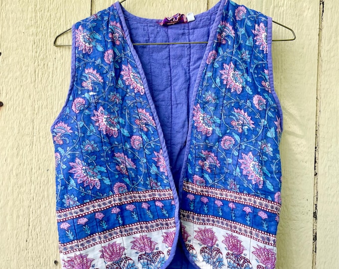 Vintage Quilted Indian Cotton Gauze Vest- Indian Cotton Floral Vest , Block Print Vest Purple Pink Waistcoat , India Cotton Gilet