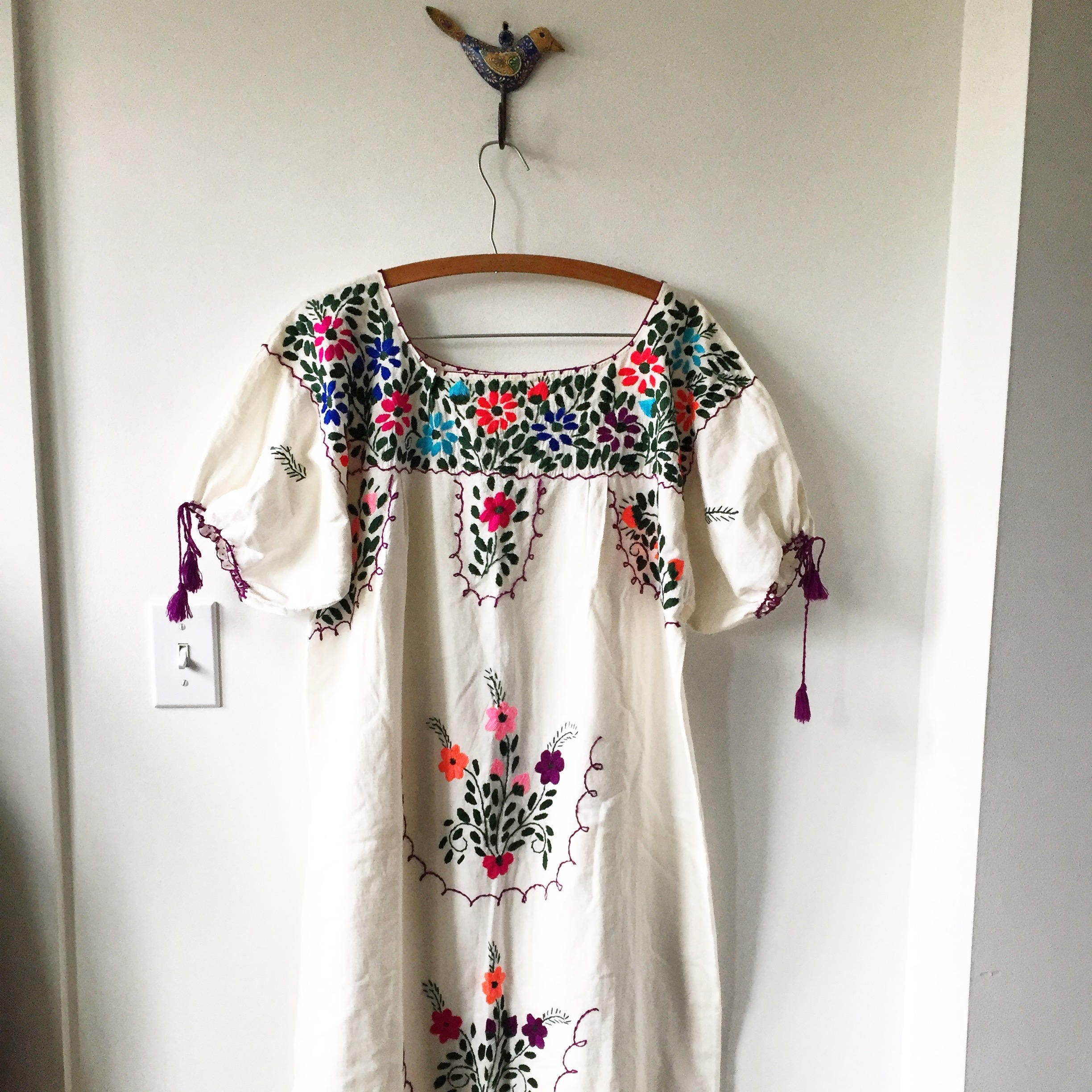 Vintage 70s Embroidered Mexican Gauze Dress, BOHO Hippie Caftan