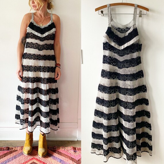 Vintage Crochet Midi Dress , Crochet Striped Dress