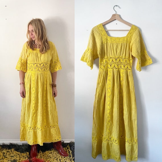 vintage Lace Trim Mexican Cotton Dress , Natural