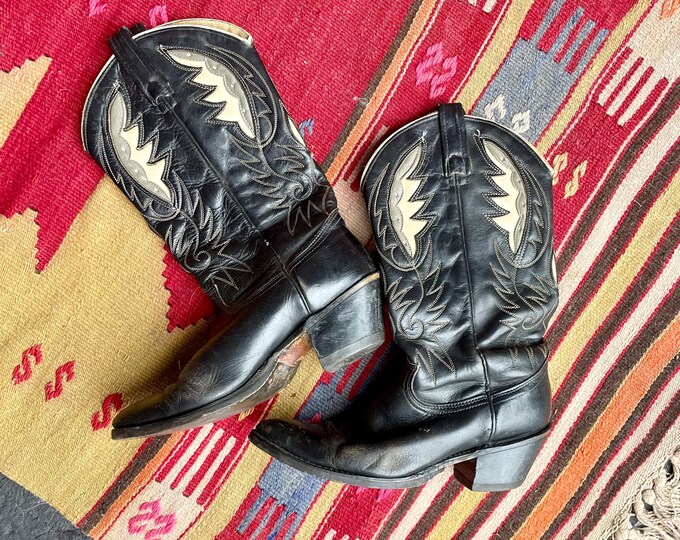 Vintage Acme Cowboy Boot, Gold Thunderbird Burgundy Leather Southwestern Boot , ACME sz 8