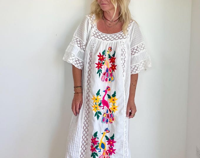 Vintage Mexican Peacock Embroidered Wedding Dress , Hand Embroidered Laced Dress , Mexican Maxi Dress , Hand Embroidered Mexican Dress