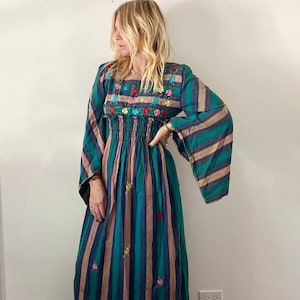 Vintage 70s Indian Cotton Striped Kaftan , Hand Loomed Cotton Maxi