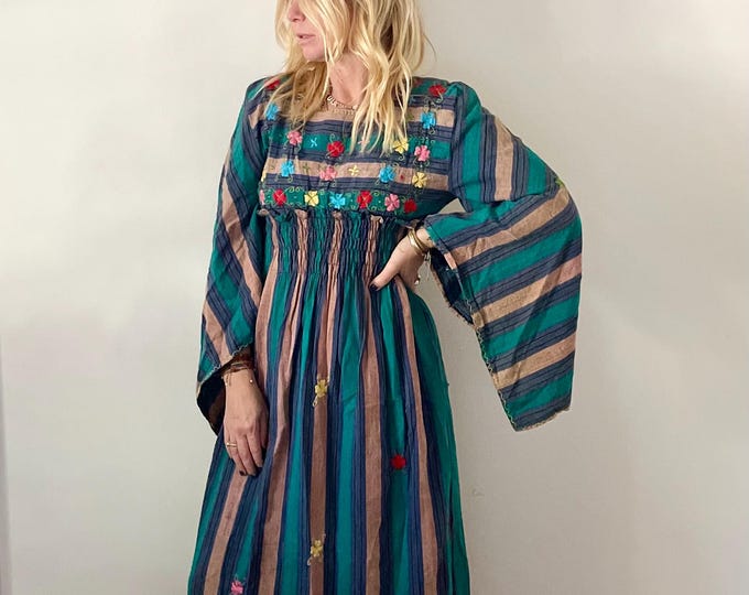 Vintage 70s Indian Cotton Striped Kaftan , Hand Loomed Cotton Maxi
