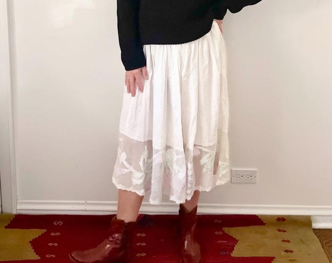 Vintage PHOOL White Cotton Skirt , White Skirt w/ Cutout , White India Skirt , White Midi Skirt , White Cutout Skirt,