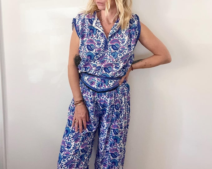 Vintage India Cotton Gauze Pant Set , Indian Block Print Pants Top Set , Floral Indian Block Print Two Piece , Indian Cotton Set