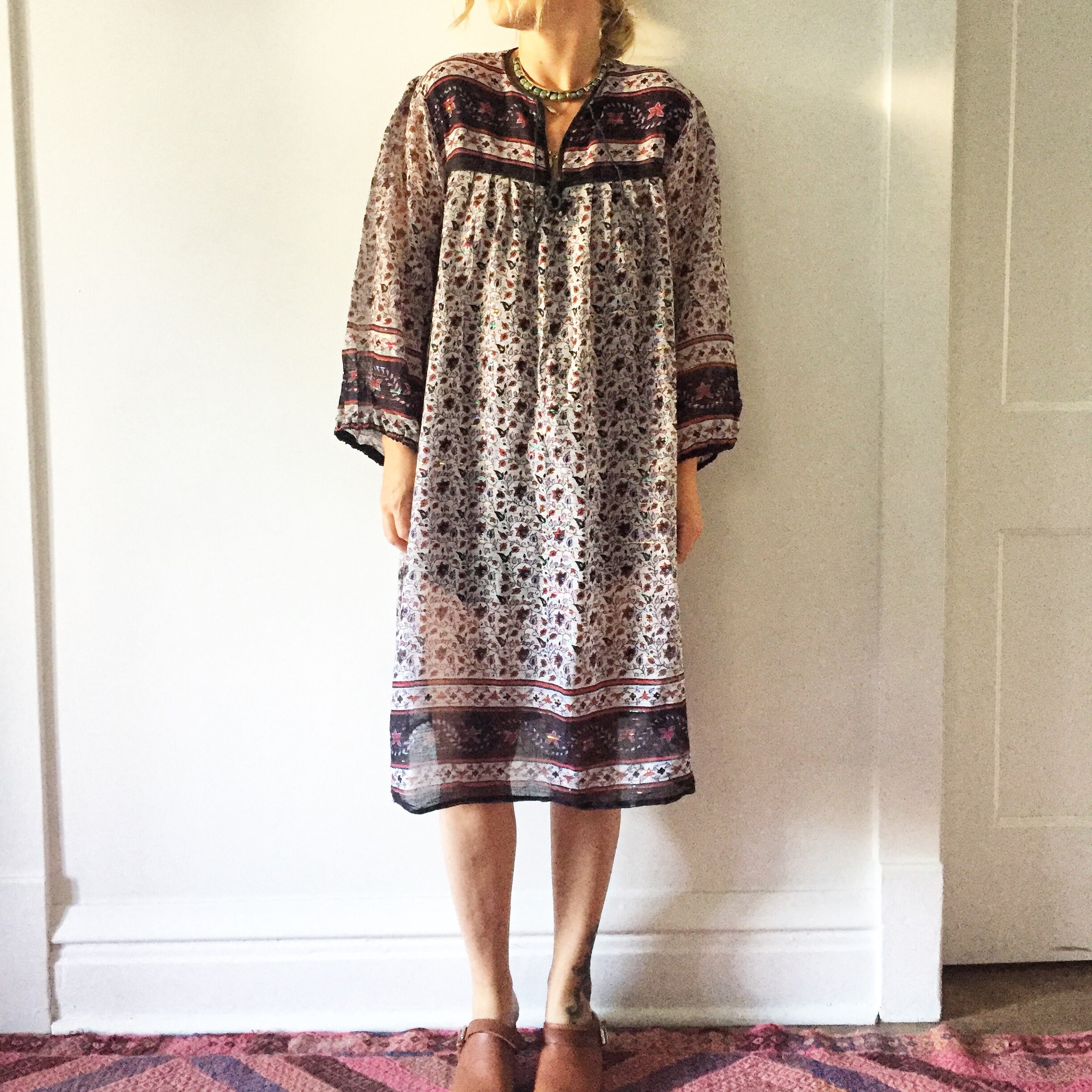 Vintage Metallic India Cotton Gauze Tunic Dress , Indian Gauze Dress