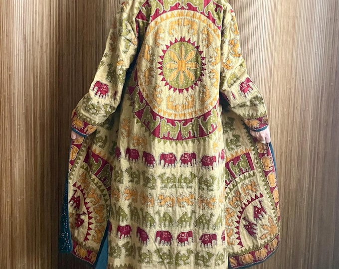 Vintage Indian Kantha Appliqué Duster Jacket / Elephant Print Coat / Boho Patchwork Kimono