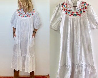 Vintage Embroidered Mexican Dress, Ethnic Lace Dress , Balloon Sleeve Dress , White Embroidered Folk Dress