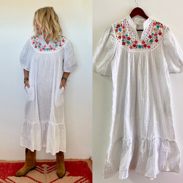 Vintage Embroidered Mexican Dress, Ethnic Lace Dress , Balloon Sleeve Dress , White Embroidered Folk Dress