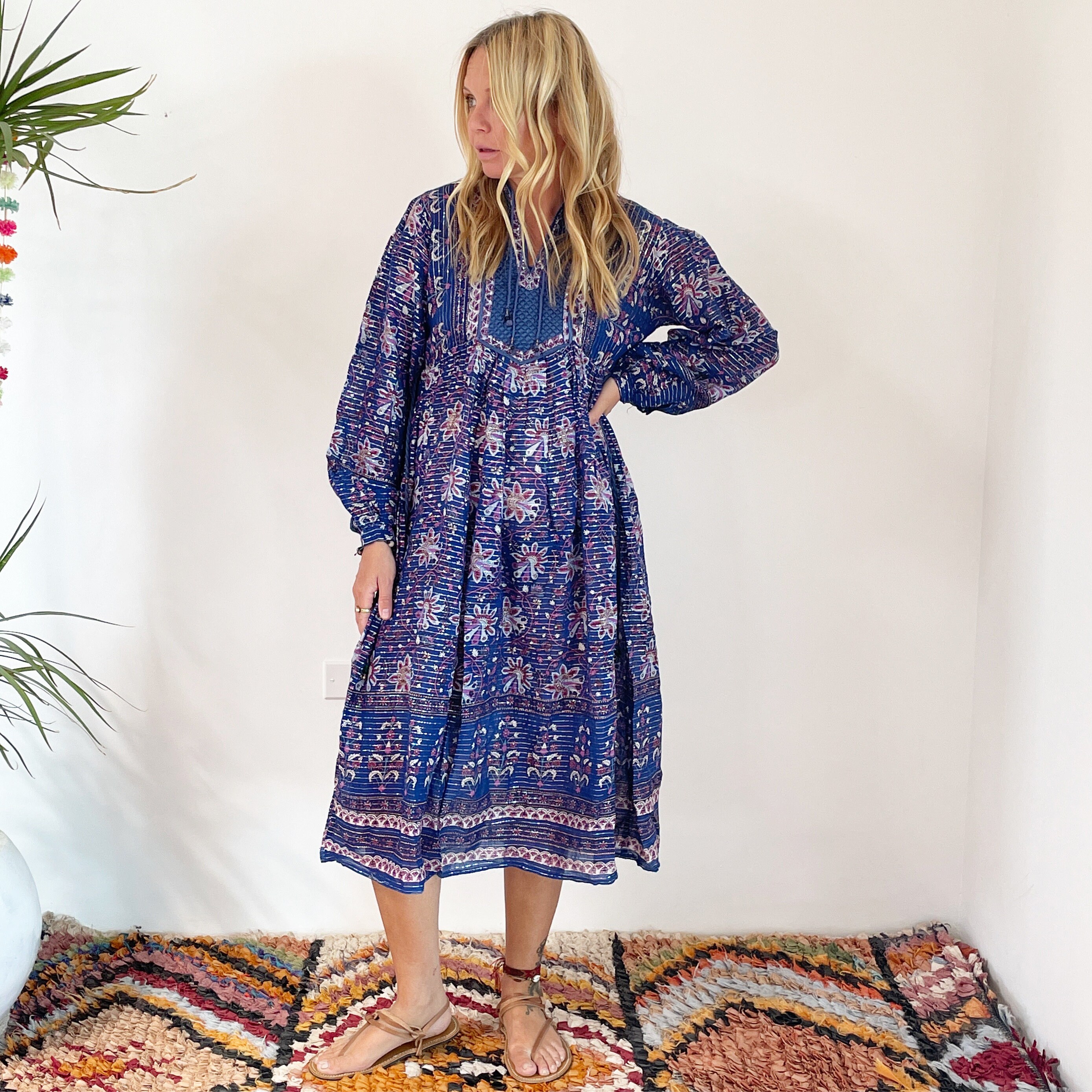 Vintage India Cotton Gauze Dress , Indian Cotton Kaftan , Lurex Gauze