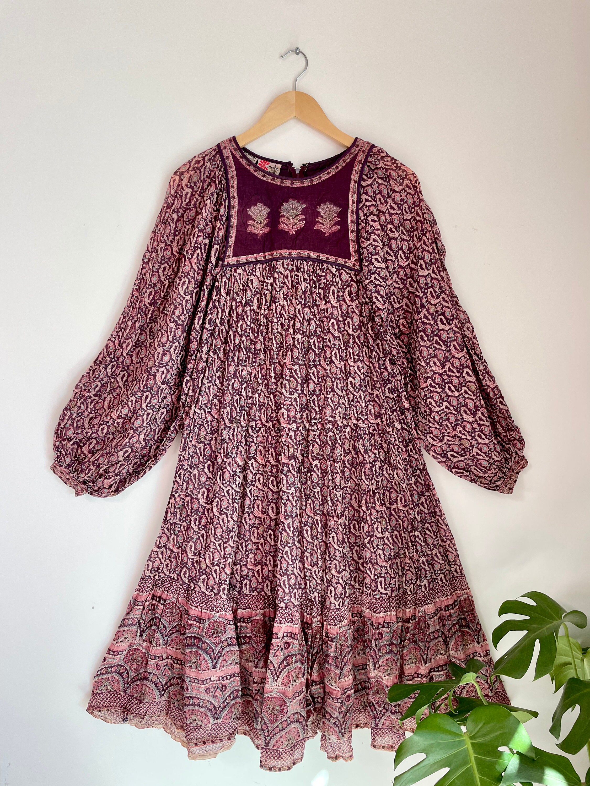 Vintage PHOOL Block Print Cotton Dress , Crochet Cotton Dress, Starina Dress  , Boho Midi Dress
